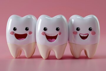 Dental hygiene concept with happy 3d tooth characters
