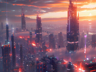 Fototapeta premium Futuristic Cityscape Bathed in Warm Glow