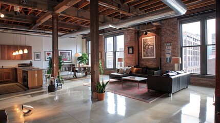 Exposed Brick Wall Living Room in Urban Chic Loft Space