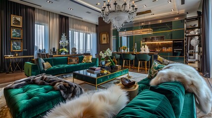 Exquisite Open Floor Plan Living Room with Regal Emerald Sofas and Luxurious Accents - obrazy, fototapety, plakaty