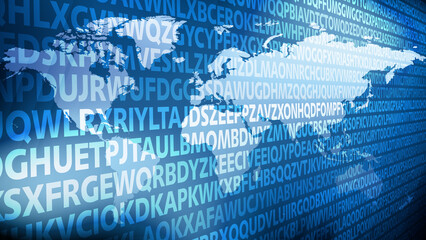 Letter chaos unpredictable typography pattern on world map creative communication and visual education through abstract text and random characters