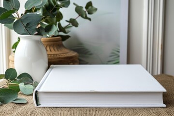 Blank white book model with potted plants, notebook mockup, mockup on nature background