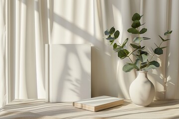 Blank white book model with potted plant, notebook mockup, mockup on nature background