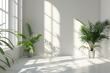 Interior background of empty room with white wall and and potted plants

