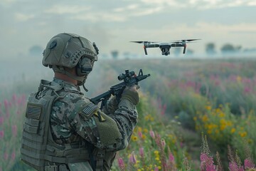 A soldier in body armor launches a drone into a field.