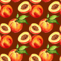 watercolor seamless pattern with summer fruit, peach or apricot, nectarine, half and slices of peach and green leaves, food illustration, sketch of sweet food on brown background