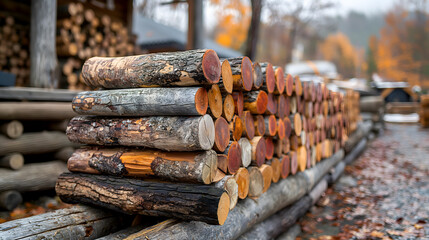 Pile of firewood in the autumn forest, close-up