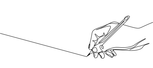 Pencil in hand vector illustration with continuous one single line drawing isolated on white background.	