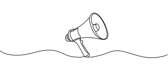 Public horn speaker in One continuous line drawing. Megaphone announce symbol of marketing promotion in simple linear style. Business concept for attention and job offer. Doodle vector illustration