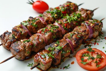 Juicy kebab on a skewer isolated on a white background.