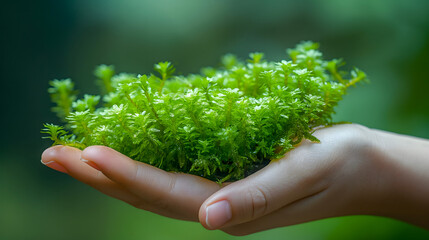Little green moss in the hands of a child on a green background
