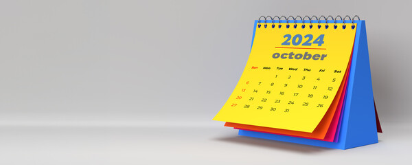 Colourful 2024 October spiral monthly desk calendar. 3D rendered horizontal page on white background with copy space. Set of 12 month layouts. Week starts with Sunday. Weekends marked in red.