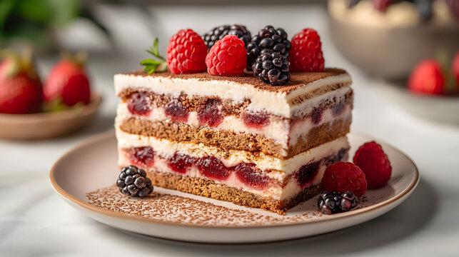 Delicious tiramisu cake with berries on plate, closeup