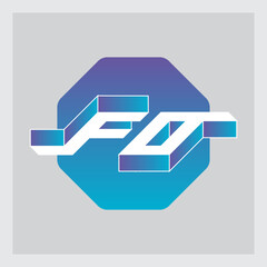 Three-dimension letters F and O on a hexagonal substrate. Isometric 3d font for design. FO - monogram or logotype.