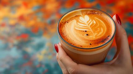 Coffee latte art in female hand on colorful background.