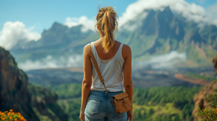 Naklejka premium Young woman traveler with backpack on background of mountains and blue sky.