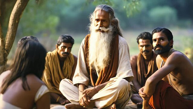 Old Indian guru surrounded by his disciples