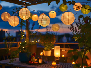 A Rooftop Party Illuminated by Solar-Powered String Lights
