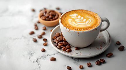 Cup of coffee with latte art and coffee beans on white background