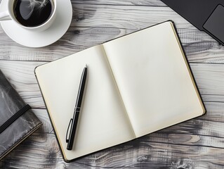 Blank page notebook For writing any text, there is a black pen, hot black coffee and a laptop on a wooden table.