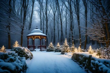 Snow-covered wooded trail leads to a concealed holiday gazebo with glittering lights.  - obrazy, fototapety, plakaty