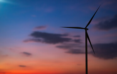 Obraz premium Wind Mill Power Energy Farm Generator Renewable Sustainable Field on Suset, Environment Eco System Technology Industry Ecology Electricity Power Propeller Turbine Clean Carbon.