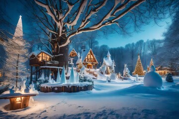 Winter garden including quirky snow sculptures and a festive holiday treehouse.  - obrazy, fototapety, plakaty
