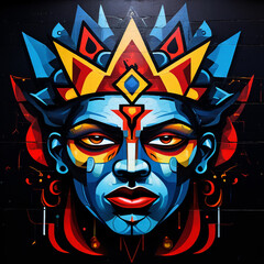 Regal Abstract King: Expressive Face Mural in Bold Black, Red, and Blue
