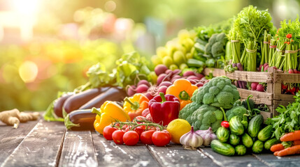 Fresh organic vegetables on wooden table