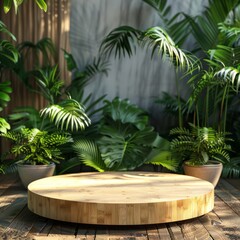 Minimal circular podium, eco-friendly bamboo material, surrounded by lush green plants, soft natural lighting, serene atmosphere, 3D render.