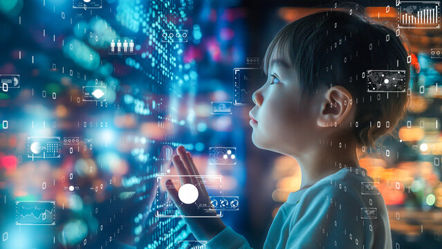 Educational future with a young student learning through augmented reality, data visualization, interactive learning. Digital native generation concept.