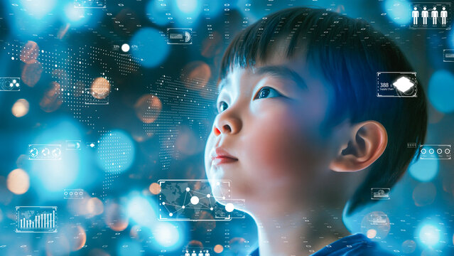 Educational future with a young student learning through augmented reality, data visualization, interactive learning. Digital native generation concept.