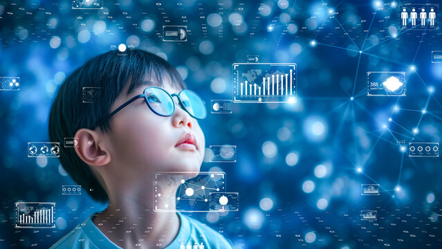 Educational future with a young student learning through augmented reality, data visualization, interactive learning. Digital native generation concept. - Powered by Adobe