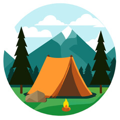 Cute camping in nature, with a tent and a campfire.