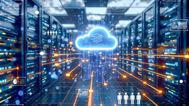 Futuristic data center with holographic cloud computing interface. Digital cloud technology in a high-speed computing environment.