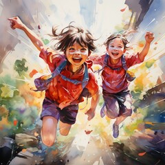 Kids dressed as superheroes, backyard adventure, bright dynamic colors, action pose, pure thrillwater color, drawing, vibrant color, cute