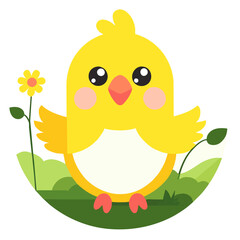 Fluffy little yellow chicken in a grassy field.