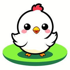 A cute chicken stands in a field of grass.