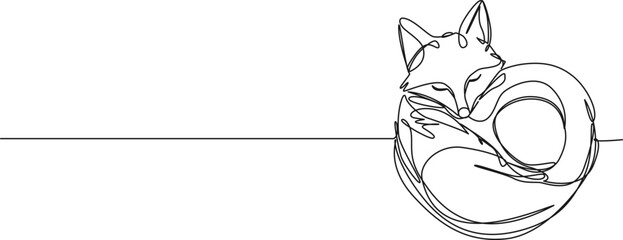 continuous single line drawing of sleeping fox, head resting on tail, line art vector illustration - obrazy, fototapety, plakaty
