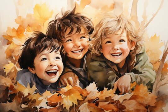 Playful kids in a leaf pile, autumn colors, overhead view, laughter and joywater color, drawing, vibrant color, cute
