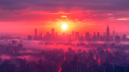 Vibrant Sun Peers Through Mist Over Cityscape