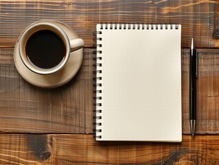 An empty notebook with a pen on a wooden surface next to a cup of black coffee. - Powered by Adobe