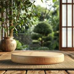 Positioned in a front view focus, this natural bamboo podium finds its perfect complement with a serene Zen garden background, making it an ideal choice for displaying wellness and spa products.