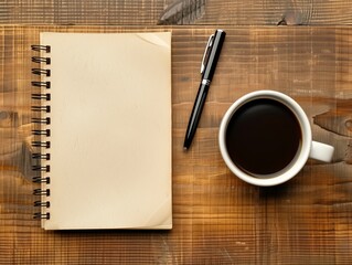 An empty notebook with a pen on a wooden surface next to a cup of black coffee.