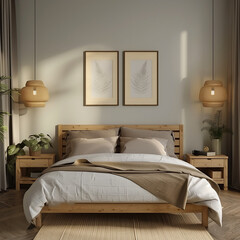 Modern Bedroom with Natural Wood Bed in Cozy and Warm Scandinavian Interior Design feel comfortable and relaxing 