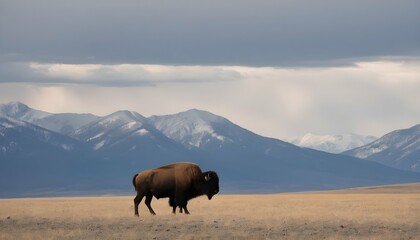 A Solitary Bison Against A Backdrop Of Mountains