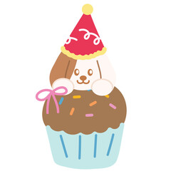 Cupcake with puppy for dog food, sweet dessert, cafe, restaurant, menu, recipe, baking, sticker, cartoon character, mascot, plush toy, doll, brunch, birthday party, card, ads, print, pet shop