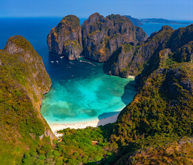 Paradise lagoon Maya Bay, island Ko Phi Phi Leh, Thailand, aerial top view. Amazing travel drone...