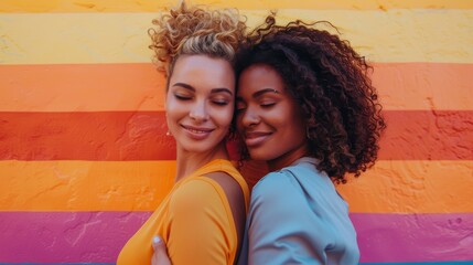 Affectionate couple embracing against colorful background expressing love and connection