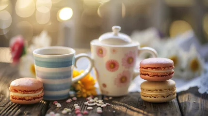 Foto op Plexiglas cup of tea and macarones © Jeanette